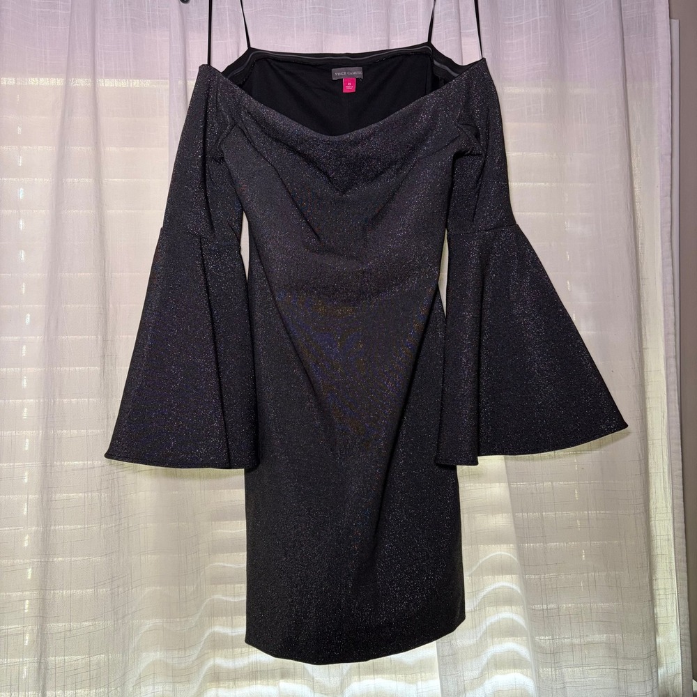 Vince Camuto Dress Women XS Black Metallic Bell Sleeve Off Shoulder Shimmer Mini